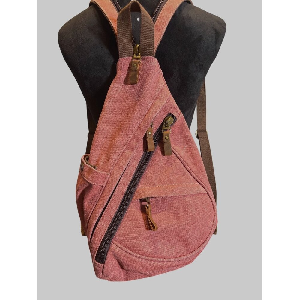 Canvas Sling Backpack Adj. Straps Multiple Pockets Dusty Rose Pink Crossbody Bag